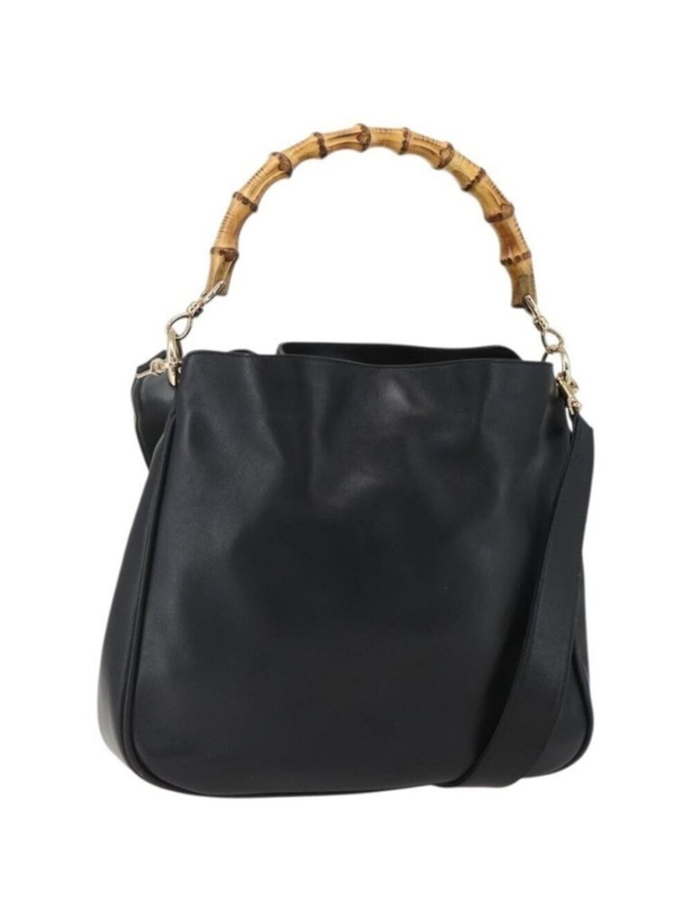 Authentic GUCCI Bamboo Shoulder Bag Leather 2way Black Gold 001 2058 1638